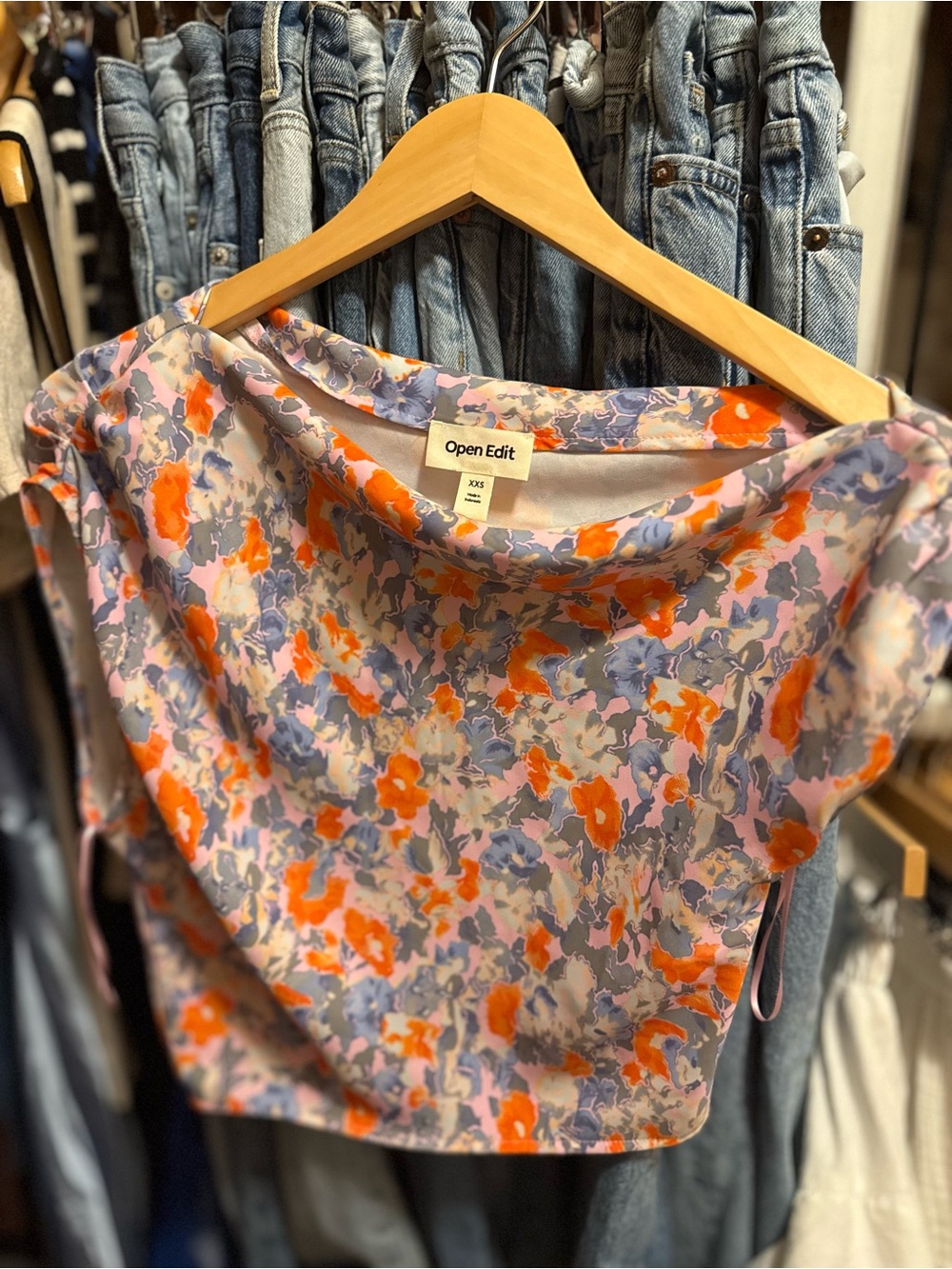 Open Edit Floral Scoop-Neck Blouse in Orange and Lavender